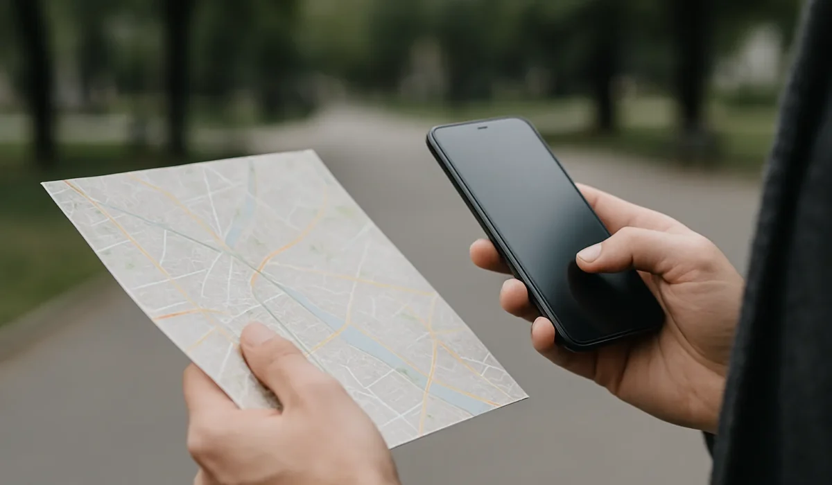 Mains tenant une carte et un téléphone, arrière-plan flou de parc urbain