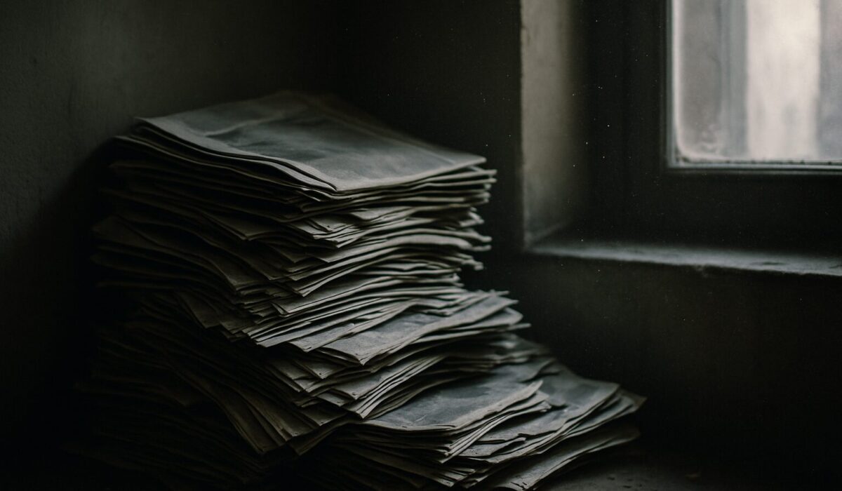 Gros plan sur une pile de journaux effondrée avec lumière naturelle entrant par une fenêtre.