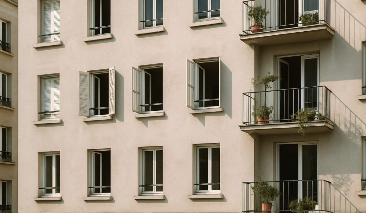 Vue extérieure d'un bâtiment résidentiel avec fenêtres ouvertes, plantes sur balcons