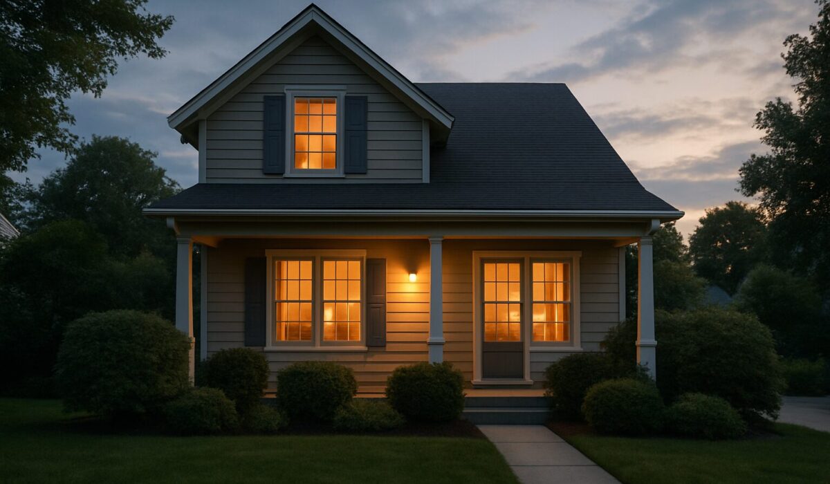 Façade d'une maison au crépuscule avec un jardin entretenu, ciel nuageux