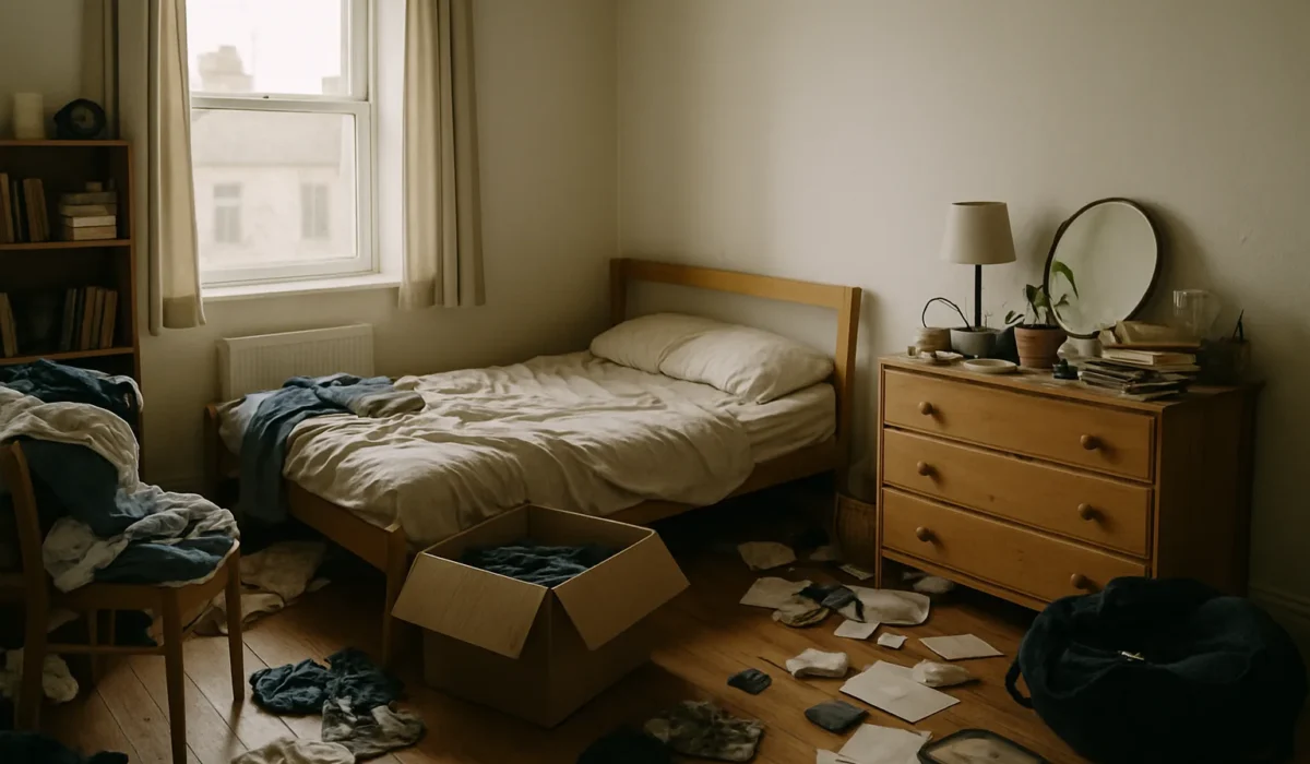 Chambre remplie d'objets divers, lumière naturelle, ambiance encombrée
