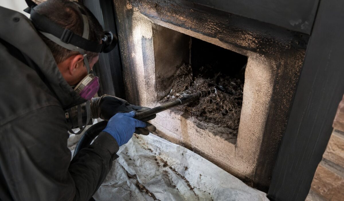 Technicien nettoyant un conduit de cheminée contaminé par un nid d’oiseaux et des fientes