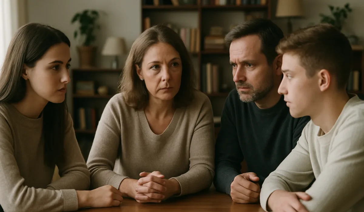 Famille assise autour d'une table, discutant sérieusement, dans une ambiance chaleureuse.