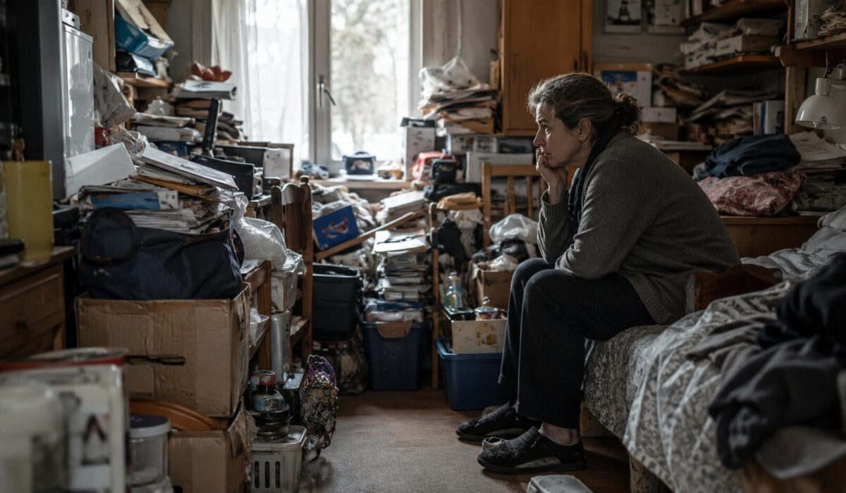 Personne assise dans un logement encombré par des objets accumulés, illustrant la conservation compulsive et sa signification clinique selon les troubles associés.