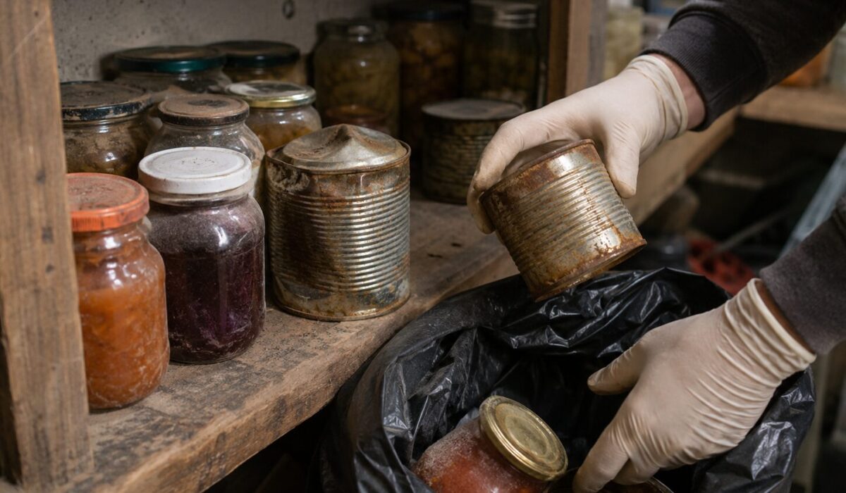 Personne portant des gants triant des conserves bombées et bocaux anciens dans un garde-manger pour éviter les risques alimentaires