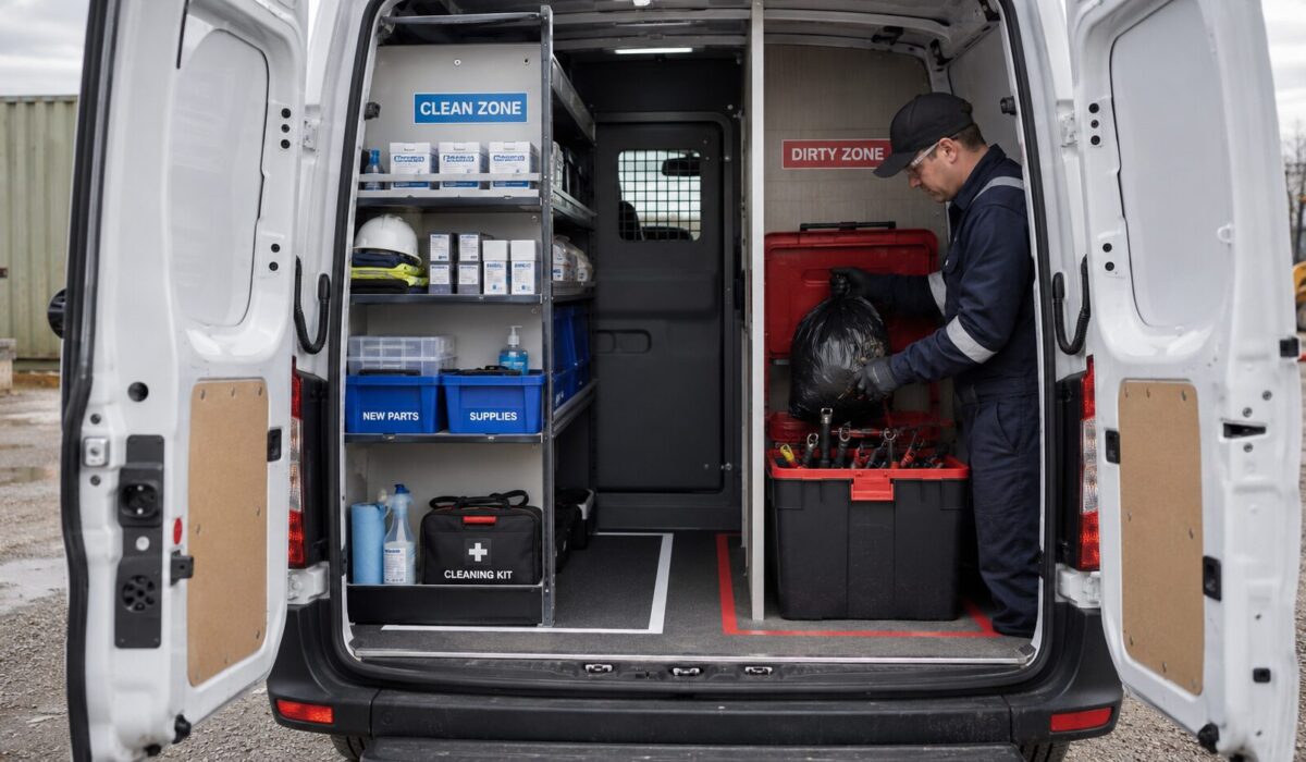 Technicien organisant un véhicule utilitaire avec zones propre et sale pour éviter la contamination après intervention