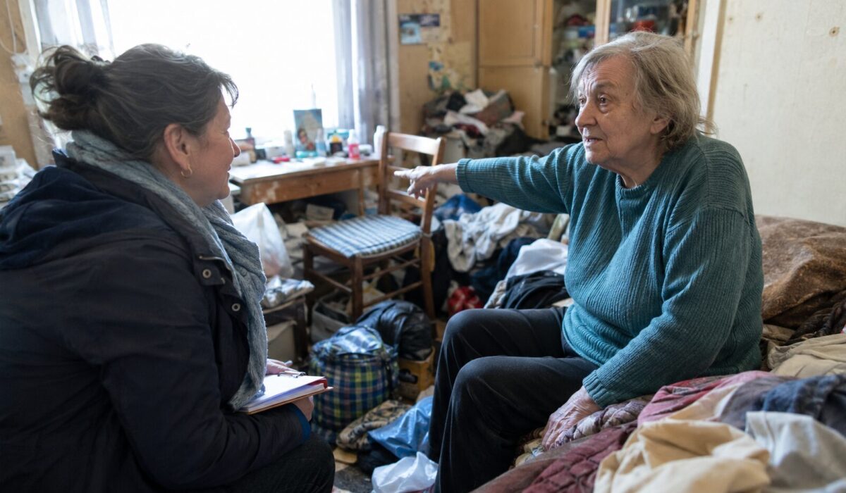 Professionnelle accompagnant une patiente en situation d’incurie dans un logement encombré afin d’identifier les zones de contrôle possibles.