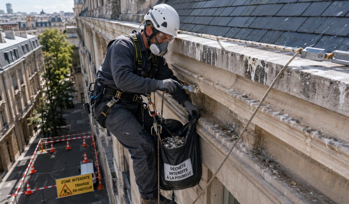 Technicien équipé d’un harnais, d’un casque et d’un masque nettoyant des fientes d’oiseaux sur une corniche en hauteur avec balisage de sécurité au sol.