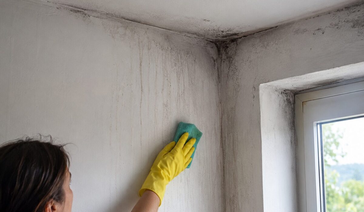Personne nettoyant des coulures noires sur un mur intérieur causées par la condensation, les poussières et les ponts thermiques