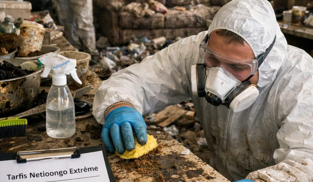 Équipe de nettoyage extrême intervenant dans une maison très sale pour illustrer le coût d’un nettoyage au m²