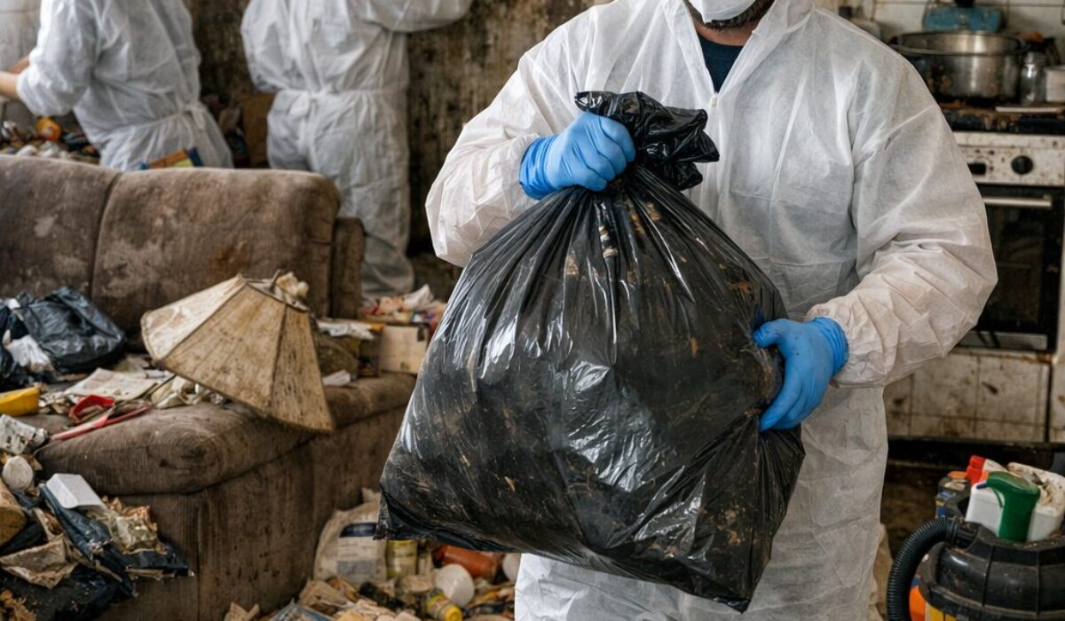 Équipe de nettoyage spécialisée intervenant dans un logement insalubre pour une remise en état après syndrome de Noé