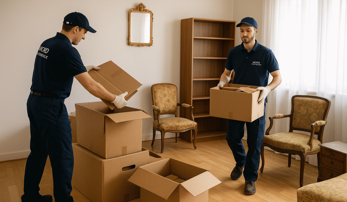 Deux agents vêtus de polos et casquettes marqués "NORD NETTOYAGE" trient des cartons et déplacent du mobilier dans un salon lumineux. Des chaises anciennes et une grande étagère en bois sont visibles dans la pièce en cours de vidage.