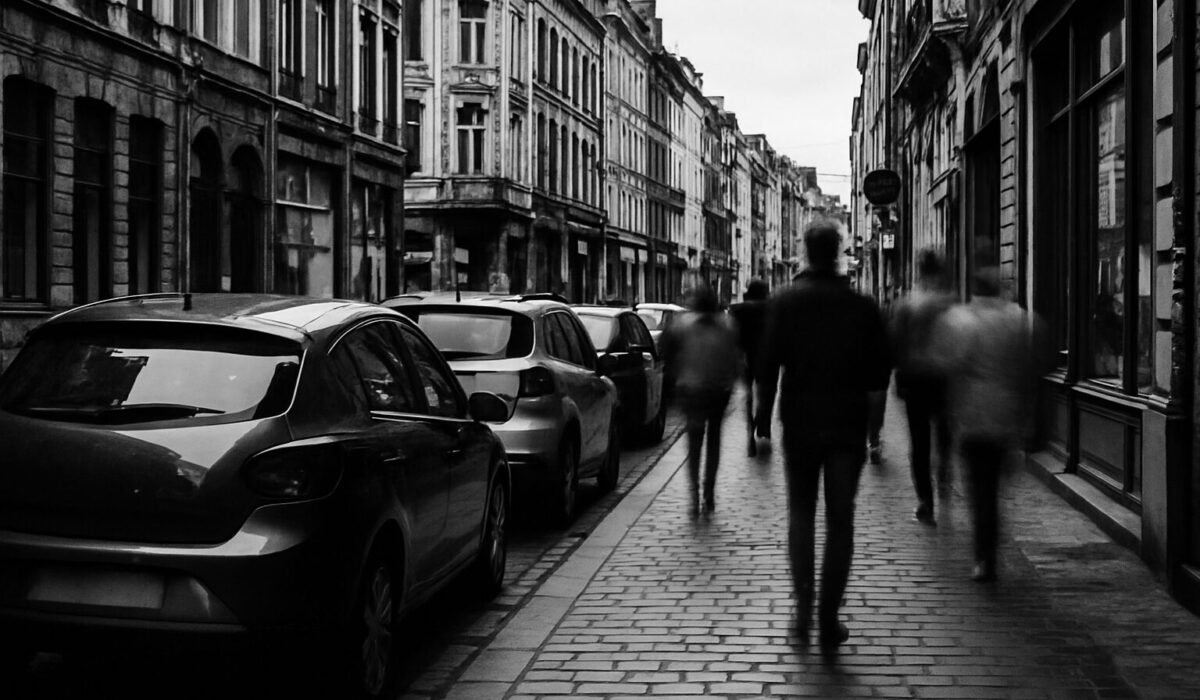 Vue en noir et blanc d'une rue animée à Lille avec des façades de bâtiments
