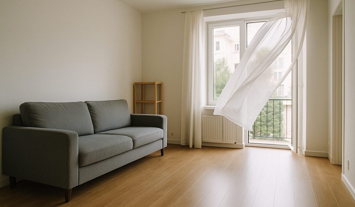 Appartement propre et désinfecté avec fenêtre ouverte, rideaux flottants et lumière douce