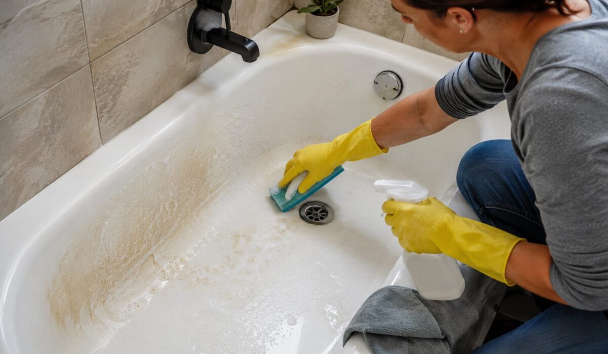 Personne avec des gants jaunes nettoyant une baignoire tachée par des dépôts minéraux, du calcaire et du savon oxyde