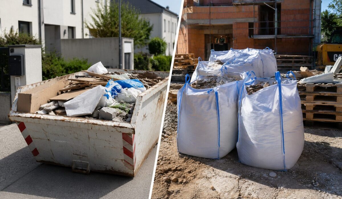 Comparaison entre une benne remplie de déchets de chantier et des big-bags de gravats sur un chantier de construction