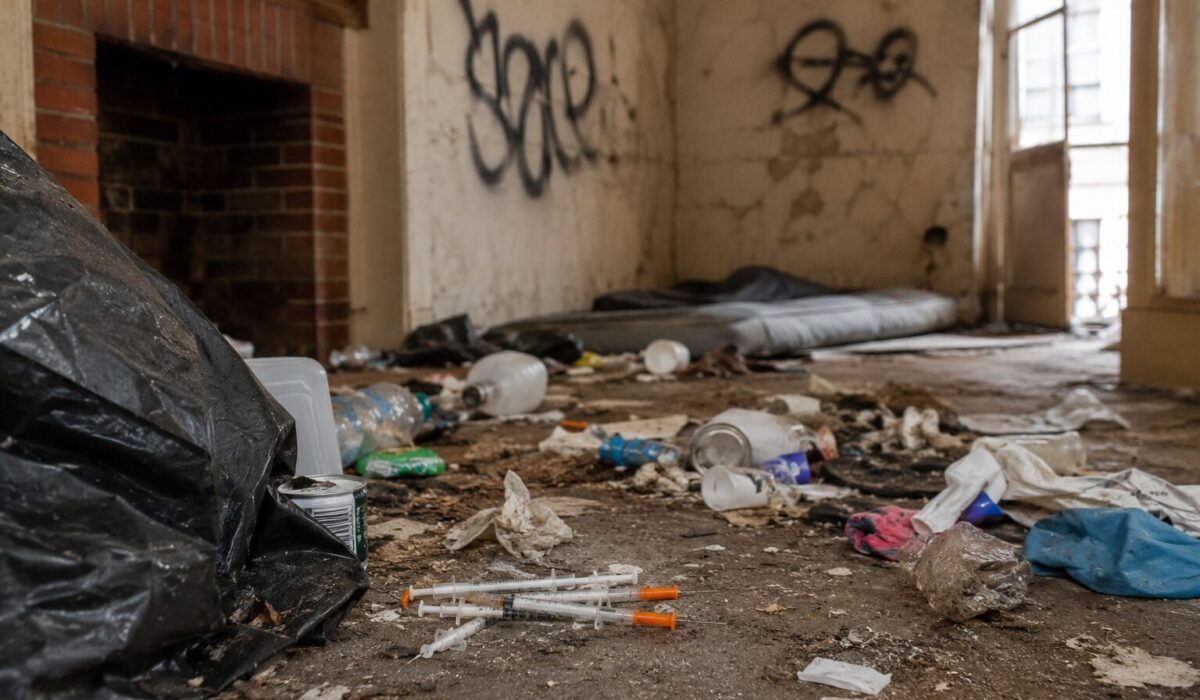 Logement insalubre après un squat avec déchets, seringues au sol, murs dégradés et traces d’occupation illicite