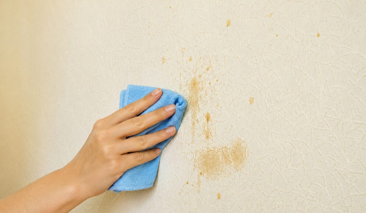 Main nettoyant délicatement une tache de graisse sur un papier peint texturé avec un chiffon doux
