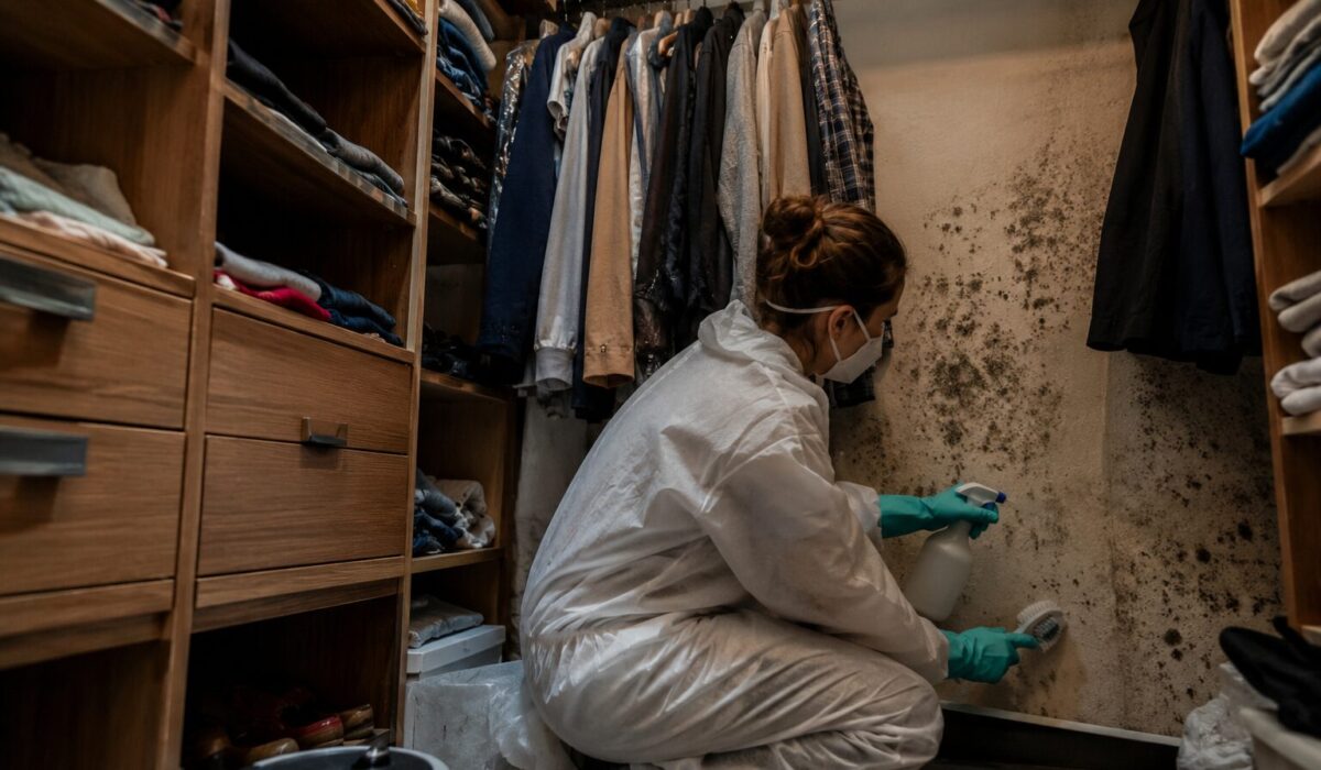 Personne équipée de gants, masque et combinaison nettoyant un dressing envahi par les moisissures avec des vêtements, chaussures en cuir et rangements contaminés