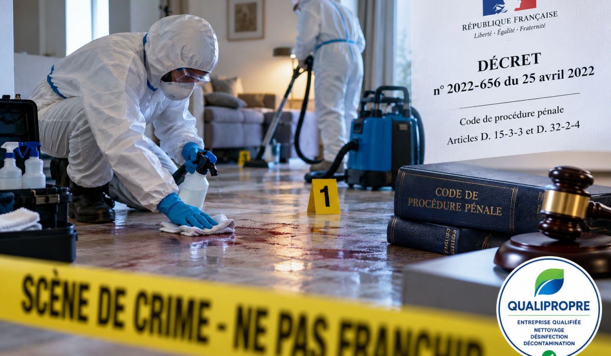 Entreprise spécialisée QUALIPROPRE intervenant pour le nettoyage et la décontamination d’une scène de crime selon le décret n° 2022-656 du 25 avril 2022.