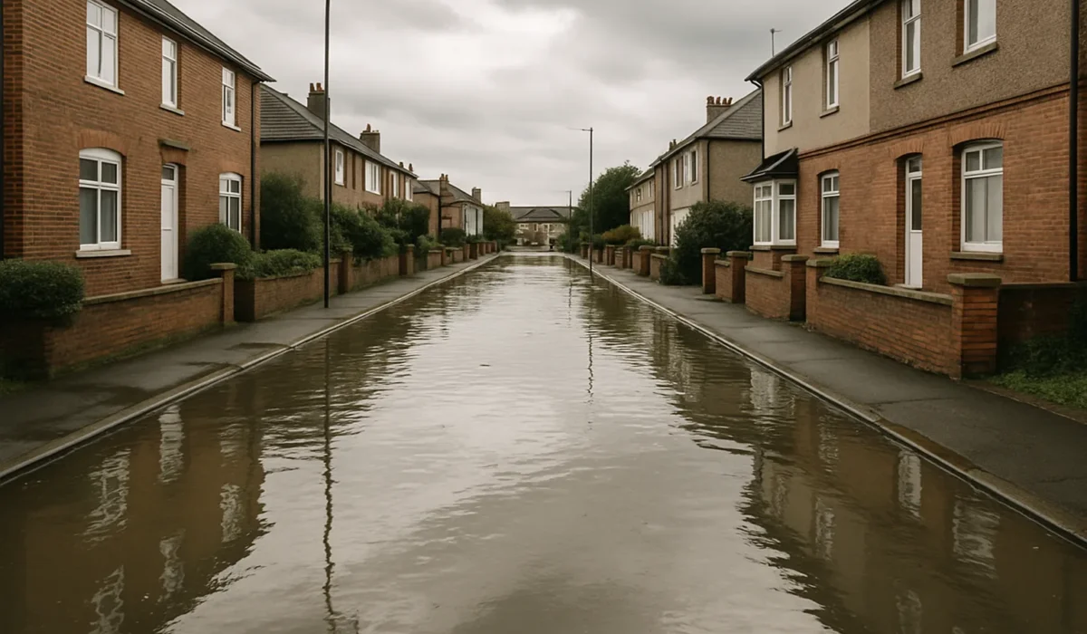 Rue résidentielle inondée par des eaux usées, bâtiments visibles en arrière-plan.