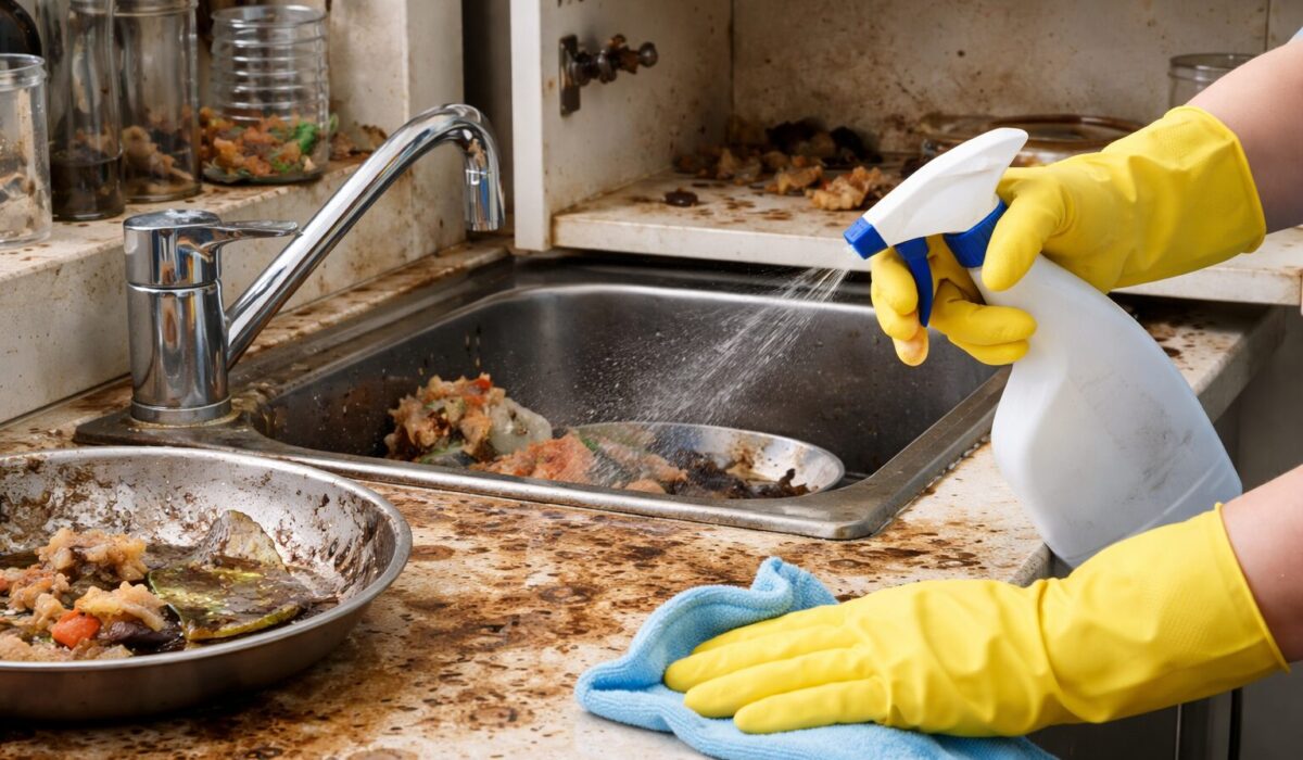 Nettoyage et désinfection d’une cuisine contaminée par des animaux avec plan de travail, évier et placards souillés
