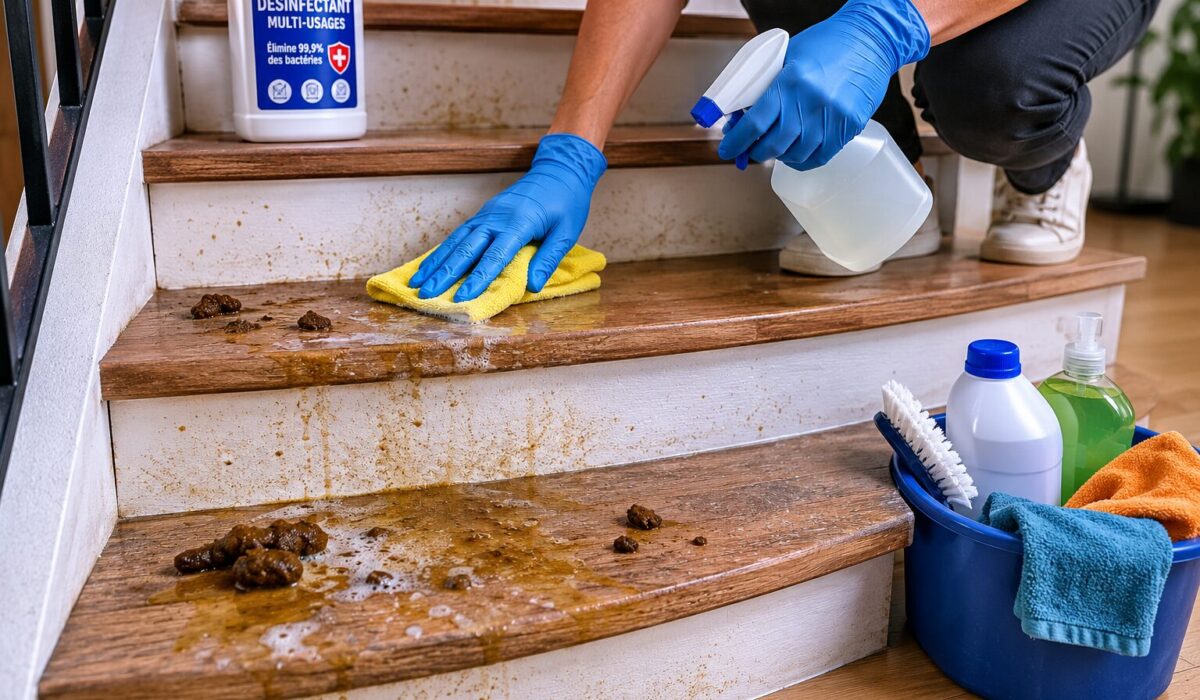 Personne avec des gants bleus désinfectant un escalier intérieur en bois souillé par de l’urine et des excréments avec un chiffon et un spray nettoyant