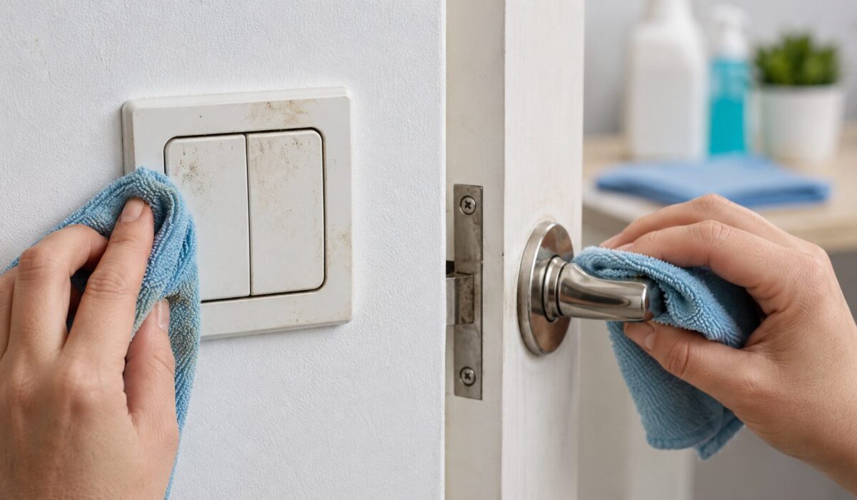 Nettoyage avec chiffon microfibre d’un interrupteur sale et d’une poignée de porte encrassée sans les endommager
