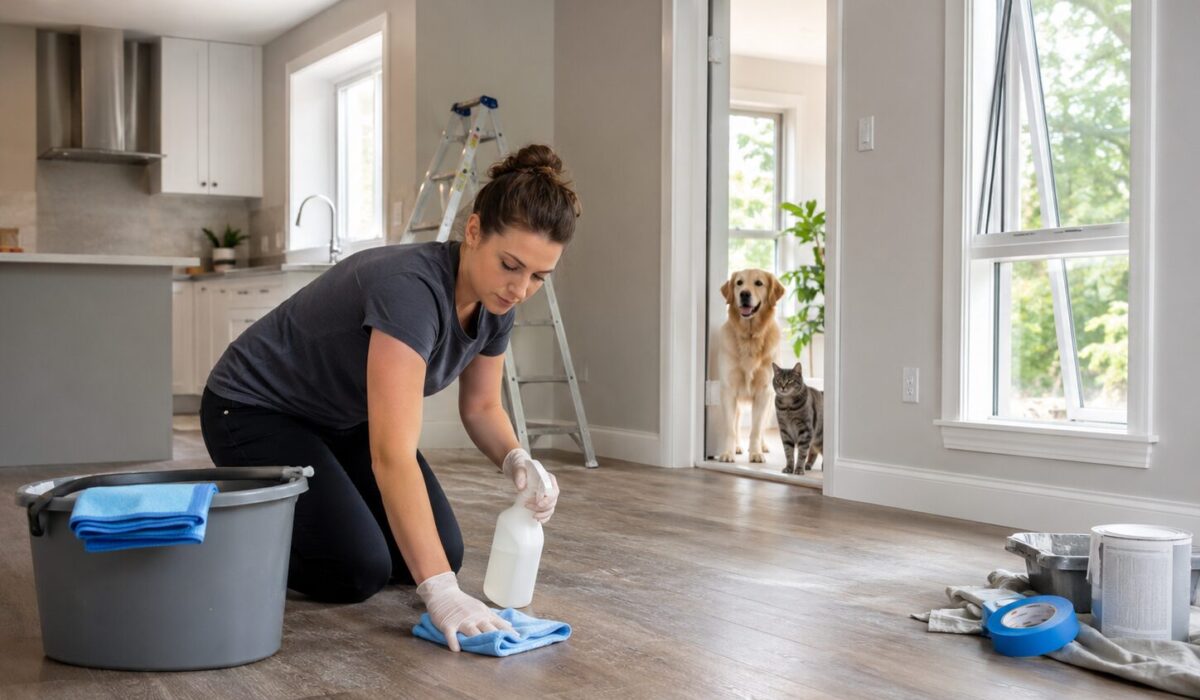 Personne nettoyant un sol après chantier dans une maison rénovée avec un chien et un chat tenus à distance pendant la désinfection.