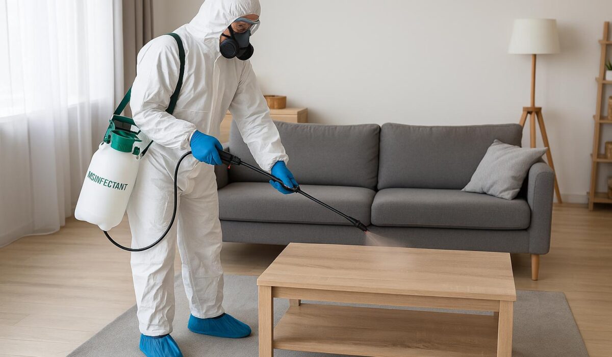 Agent de NORD NETTOYAGE désinfectant une table basse avec un nébuliseur dans un salon moderne à Rillieux-la-Pape