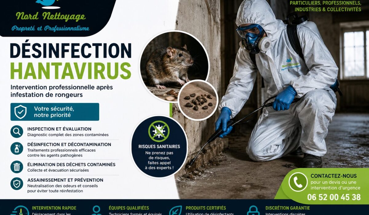 NORD NETTOYAGE intervient pour la désinfection hantavirus après infestation de rongeurs avec équipement professionnel et traitement sanitaire.