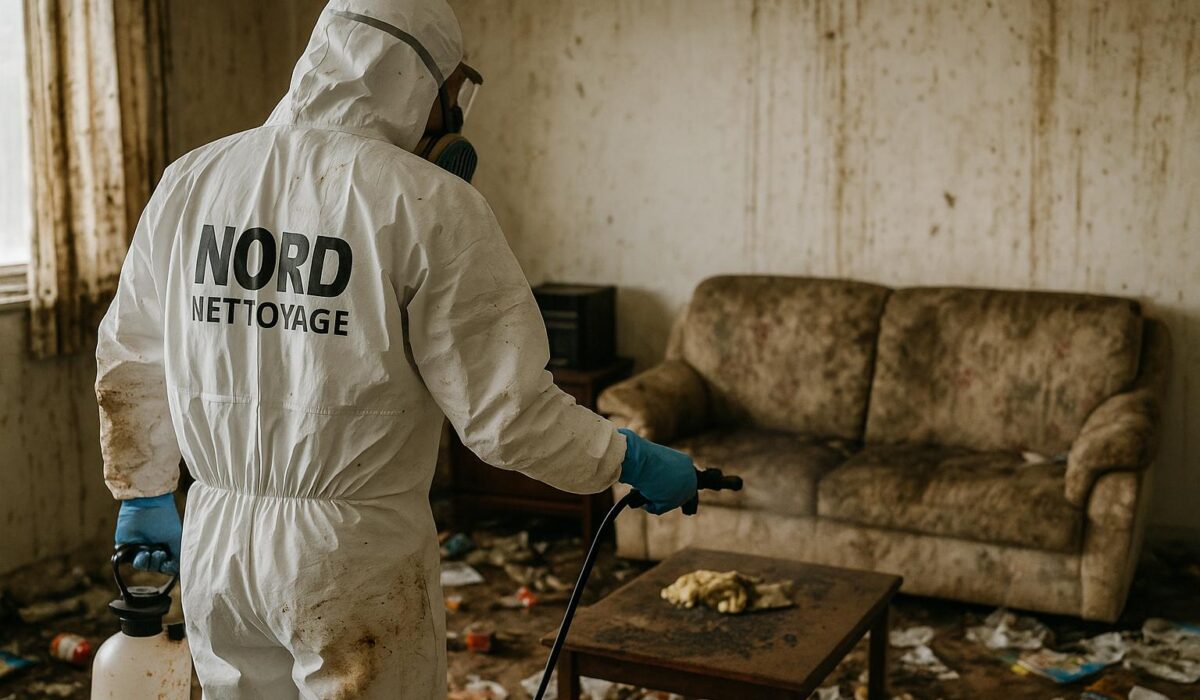 Technicien NORD NETTOYAGE désinfectant un logement insalubre à Bergerac après un décès