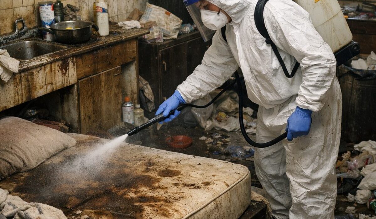 Technicien en combinaison de protection réalisant une désinfection après gastro ou virus dans un logement insalubre très dégradé