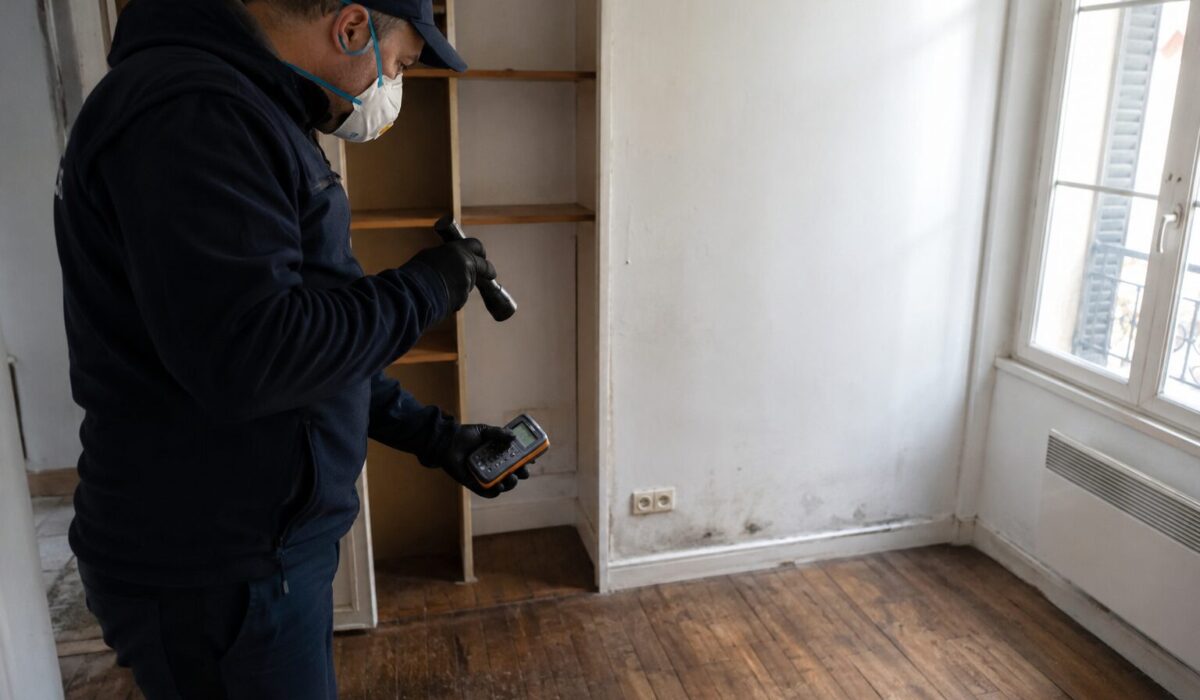 Professionnel inspectant un logement vide pour détecter l’origine d’une odeur animale imprégnée
