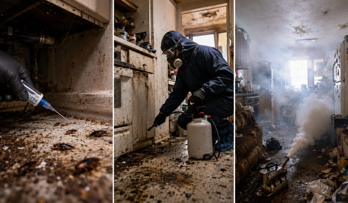 Comparaison ultra réaliste entre gel appât, pulvérisation et fumigation contre les nuisibles dans un logement très sale