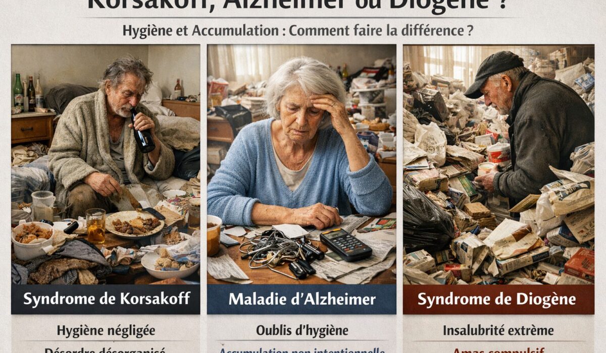 Illustration réaliste comparant le syndrome de Korsakoff, la maladie d’Alzheimer et le syndrome de Diogène face aux troubles d’hygiène et à l’accumulation au domicile