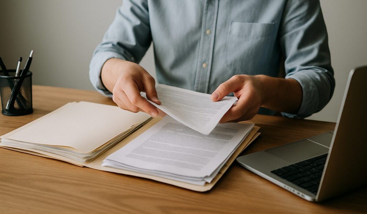 Mains triant des dossiers d'assurance sur un bureau en bois après un squat.
