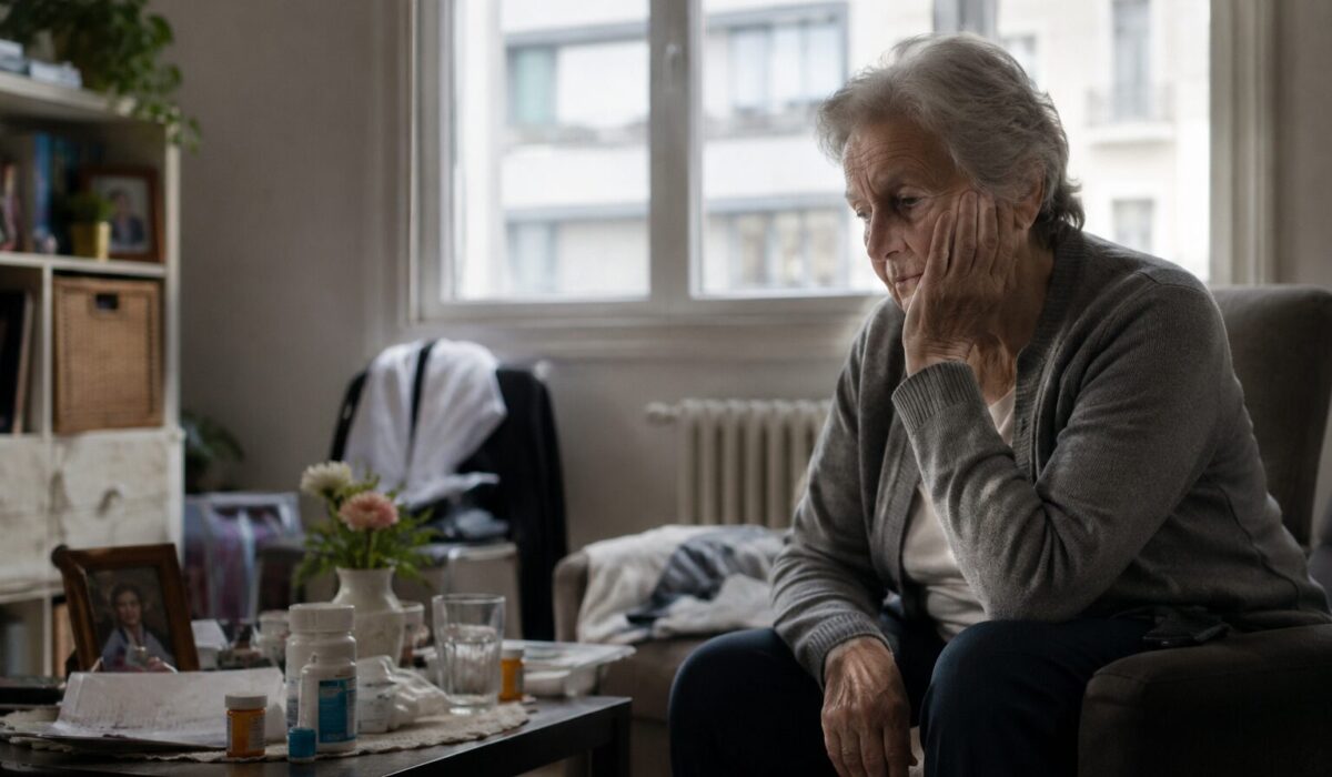 Personne âgée assise seule dans son salon avec des médicaments et des papiers sur la table, illustrant les signes discrets de perte d’autonomie domestique