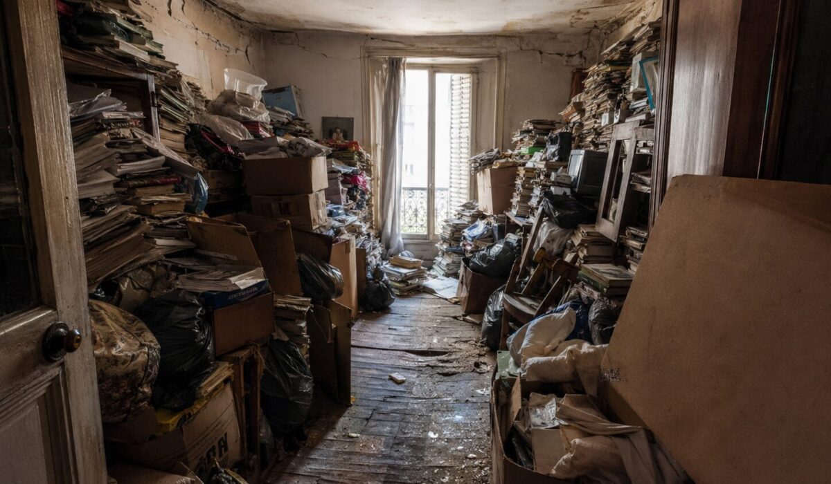 Logement Diogène très encombré avec piles de papiers, cartons, sol déformé et fissures indiquant un risque d’effondrement par surcharge