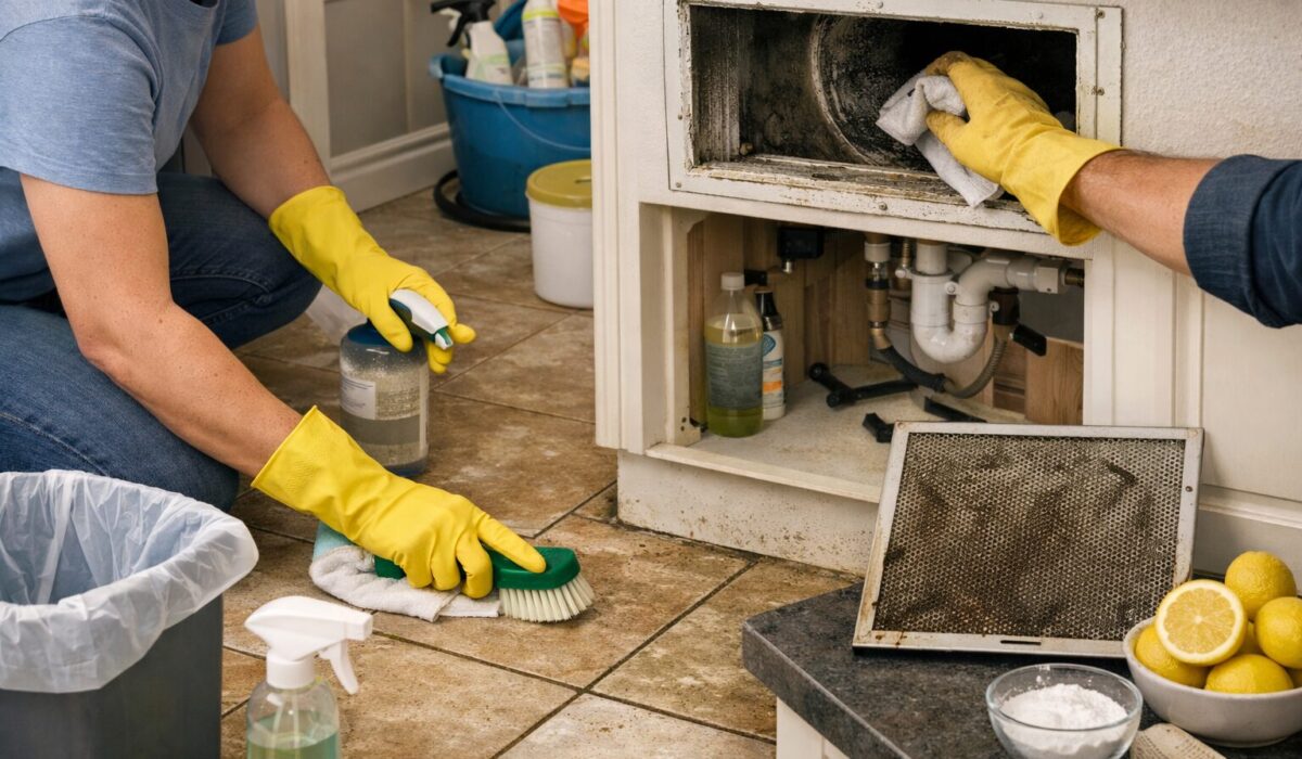Nettoyage d’une cuisine pour éliminer une odeur de poubelle incrustée dans les sols, les murs et la ventilation