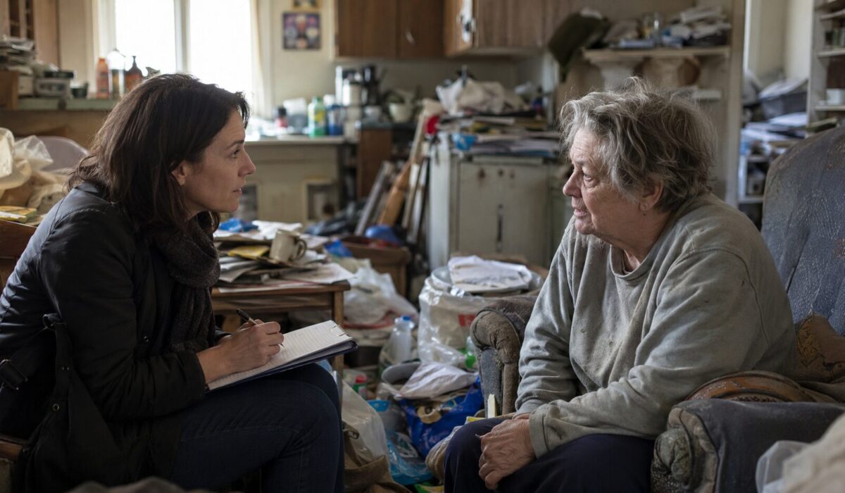 Professionnelle médico-sociale menant un entretien clinique avec une personne en situation d’incurie dans un logement encombré