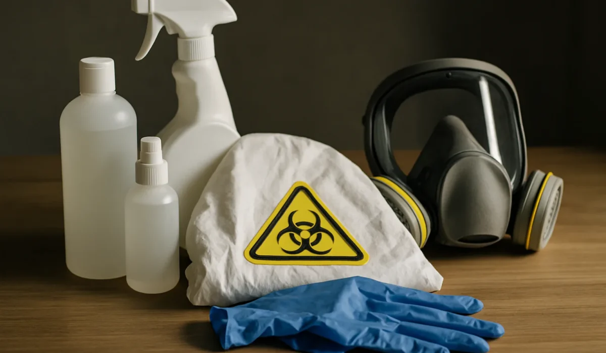 Table avec gants, désinfectants et combinaisons pour nettoyage biohazard.