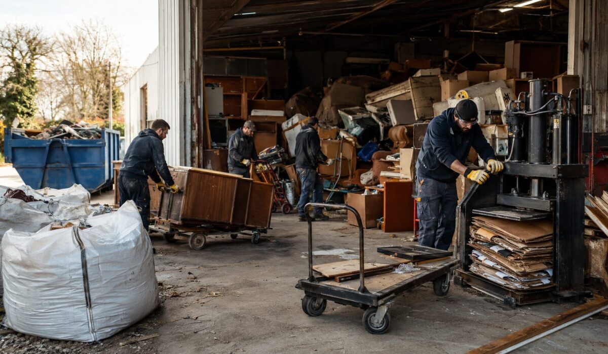 Équipe de professionnels réalisant un débarras extrême avec benne, big-bags, compacteur et chariots de manutention