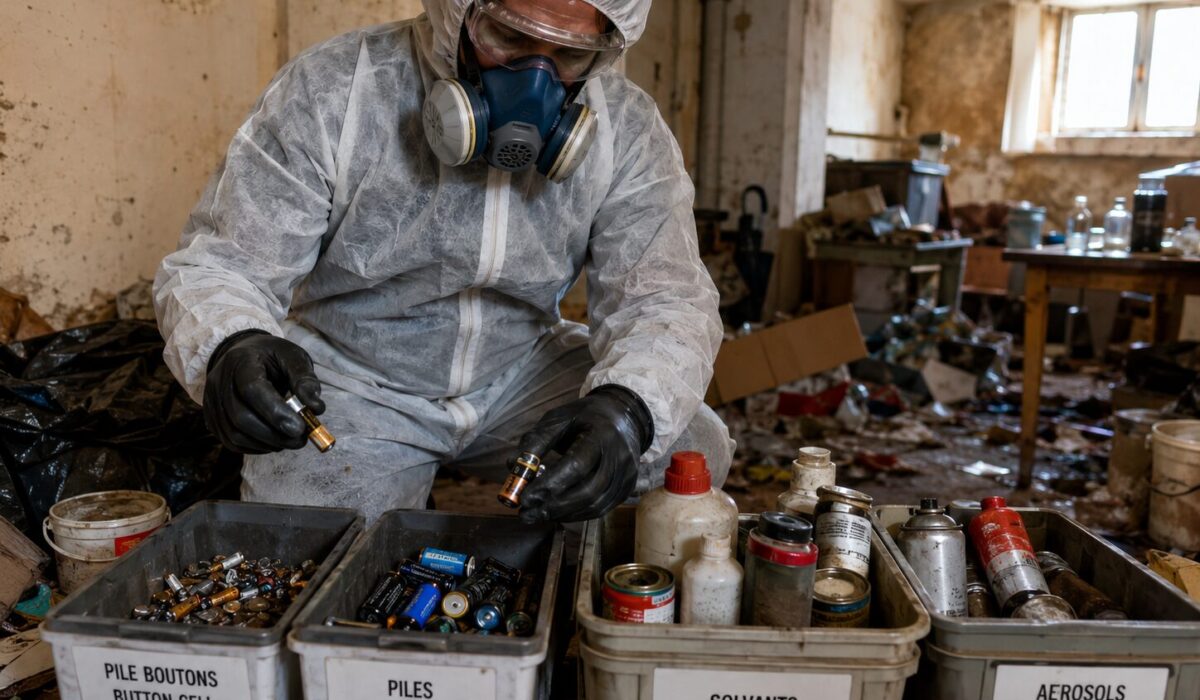 Technicien en combinaison de protection triant des piles, batteries, solvants et aérosols lors d’un débarras insalubre