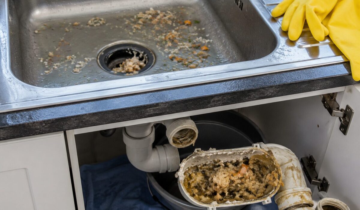 Évier de cuisine bouché avec siphon démonté rempli de graisse figée et de restes alimentaires