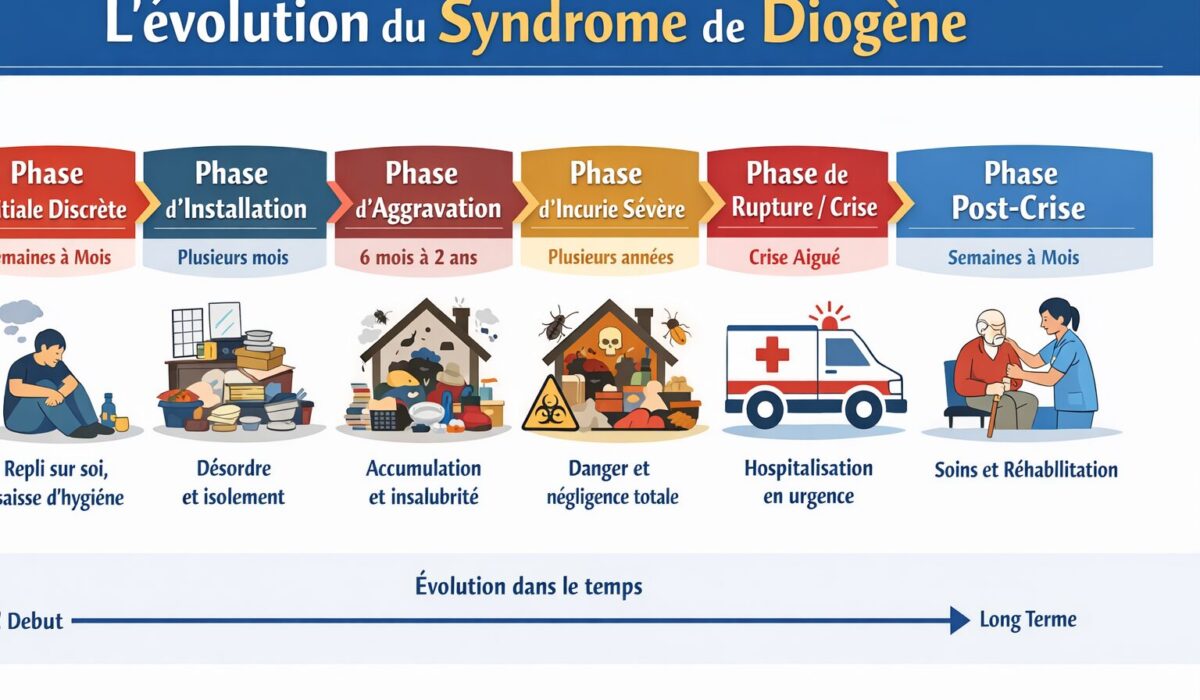 Infographie horizontale présentant les différentes phases d’évolution du syndrome de Diogène, depuis les premiers signes de repli sur soi jusqu’à la crise, puis à la prise en charge post-crise.
