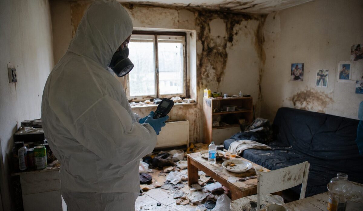 Professionnel en combinaison de protection inspectant un logement très insalubre avec moisissures, déchets et risques d’exposition aux endotoxines