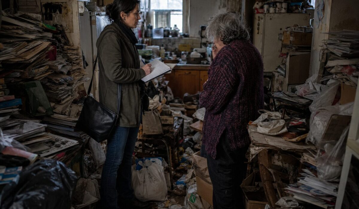 Professionnelle évaluant avec empathie une situation d’incurie extrême dans un logement très encombré afin d’adapter la stratégie d’intervention.