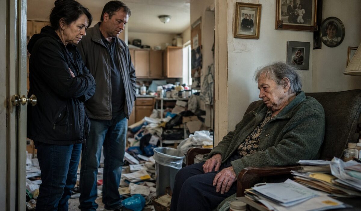 Famille inquiète face à une personne âgée vivant dans un logement encombré et négligé, illustrant les risques de l’incurie avant un incident grave.