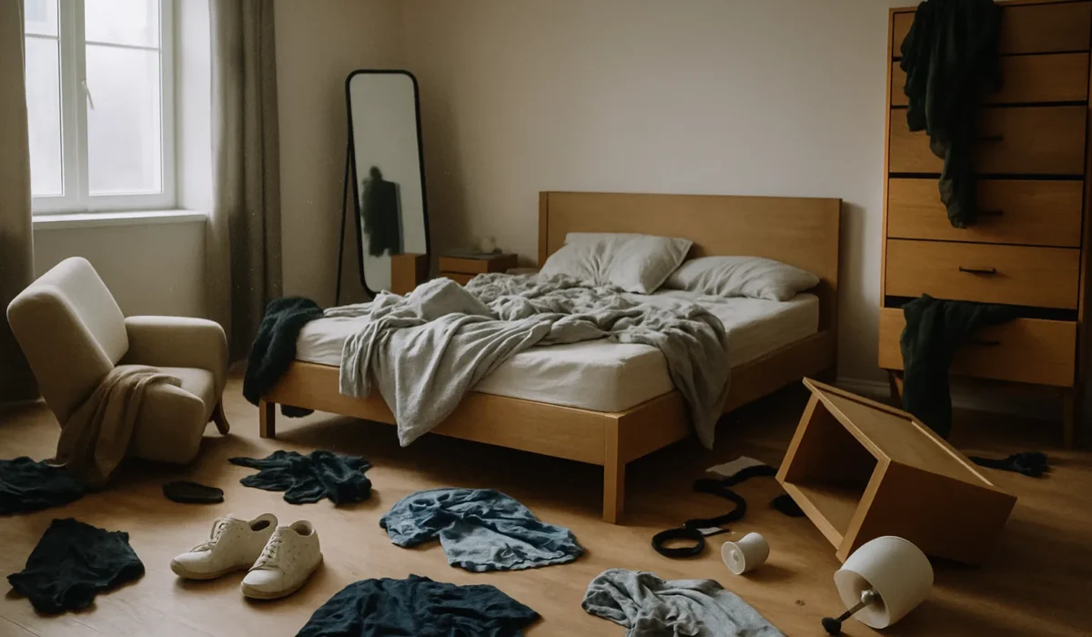 Chambre à coucher désordonnée avec vêtements et meubles renversés, lumière du jour.